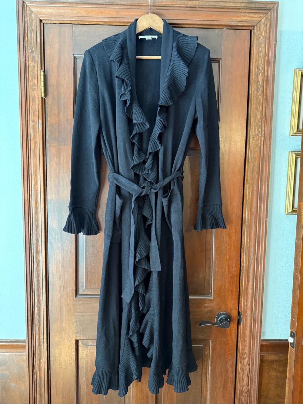 St. John Collection Kelly Coat Black Ruffled Knit Long Cardigan